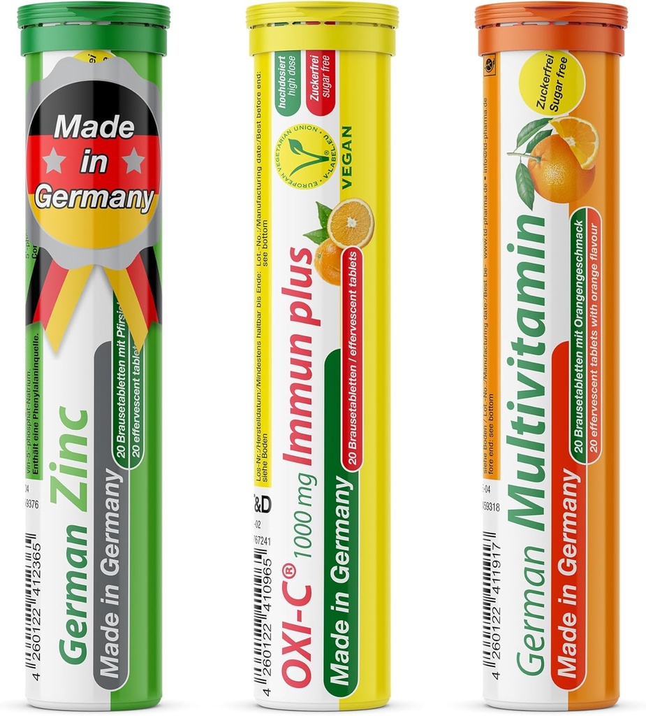 T&D German Immun Boost Package 60 Servings - Vegan, Zero Sugar - Ποτό Αναβράζοντα δισκία - Βιταμίνη C, Ψευδάργυρος, Multivitamin Pharma - Made in Germany