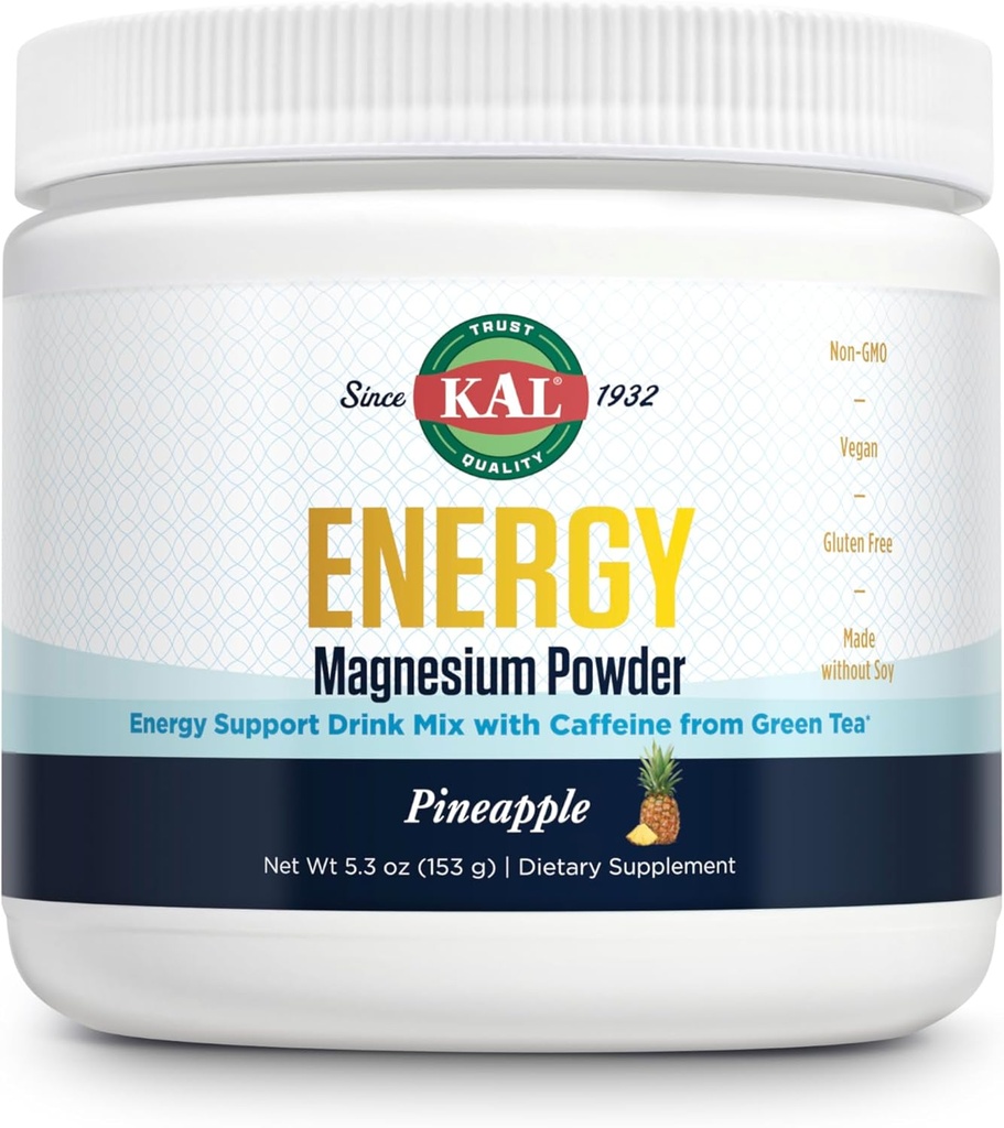KAL Energy Magnesium Powder Drink, Pineapple Flavor Magnesium Citrate Powder, Energy Support with Green Tea Caffeine, Sugar Free, 40 Servings