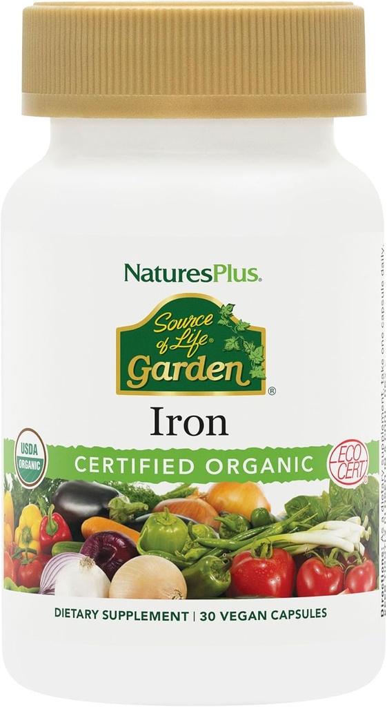 NaturesPlus Source of Life Garden Certified Organic Family Iron 18 mg Cap - 30 Vegan Capsules - Plant-Based Iron Supplement - Supports Healthy Blood - Vegetarian, Gluten-Free - 30 Servings