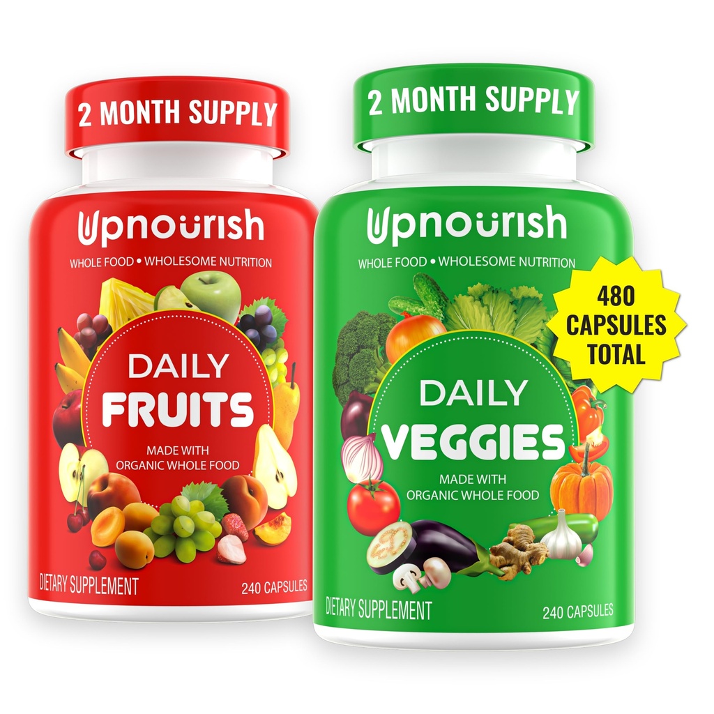 UpNourish Organic Fruits and Veggies Supplement - Υποστήριξη Διατροφής Ισορροπία, Καθαρισμός Σώματος & Ενέργεια - 480 Φρούτα και Σούπερ Πράσινα Κάψουλες από τη Φύση - Συμπληρώματα φρούτων και λαχανικών για ενήλικες & παιδιά