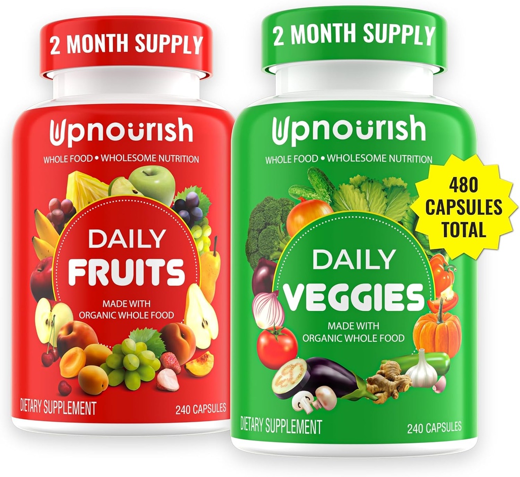 UpNourish Organic Fruits and Veggies Supplement - Υποστήριξη Διατροφής Ισορροπία, Καθαρισμός Σώματος & Ενέργεια - 480 Φρούτα και Σούπερ Πράσινα Κάψουλες από τη Φύση - Συμπληρώματα φρούτων και λαχανικών για ενήλικες & παιδιά