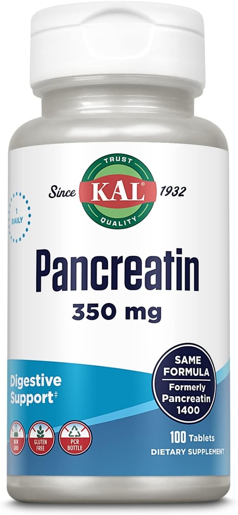 KAL Pancreatin 350mg, Digestive Ένζυμα για γυναίκες και άνδρες, Παγκρεατικά Ένζυμα για την υποστήριξη της υγείας Digestive, Χωρίς γλουτένη, Μη ΓΤΟ, Ταχεία αποσύνθεση, Εγγύηση 60 ημερών, 100 Μερίδες, 100 δισκία