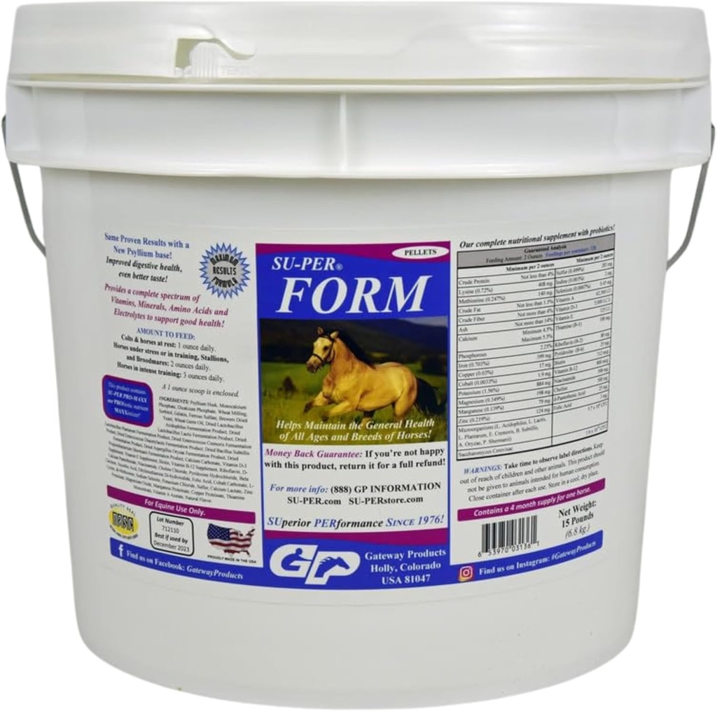 SU-PER Form Horse Vitamins and Minerals Pellets - Nutritional Supplement with Probiotics - Vitamins, Minerals, Amino Acids & Electrolytes - Helps Maintain General Health - 15 Pounds, 4 Month Supply