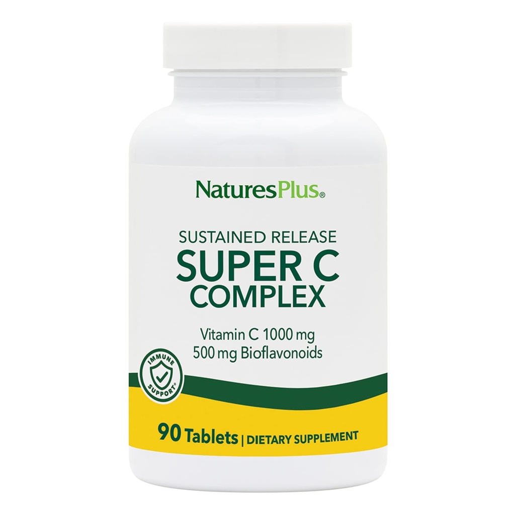 NaturesPlus Super C Complex, Παρατεταμένη Απελευθέρωση - 1000 mg, 90 Vegetarian Tablets - Συμπλήρωμα Ανοσολογικής Υποστήριξης Υψηλής Ικανότητας, Αντιοξειδωτικό - Ενισχυμένη Απορρόφηση - Χωρίς Γλουτένη - 90 Σερβιέτες