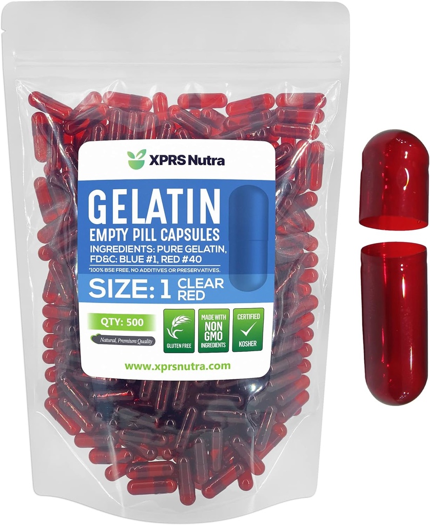 XPRS Nutra Μέγεθος 1 Κενές κάψουλες - 500 χρωματιστές χρωματιστές κενές κάψουλες Ζελατίνης - Pill DIY συμπλήρωμα καψάκιο πλήρωσης - πληρώσιμα καλύμματα χρώματος Gel χάπια για Do-It-Yourself συμπληρώματα (Καθαρό κόκκινο)