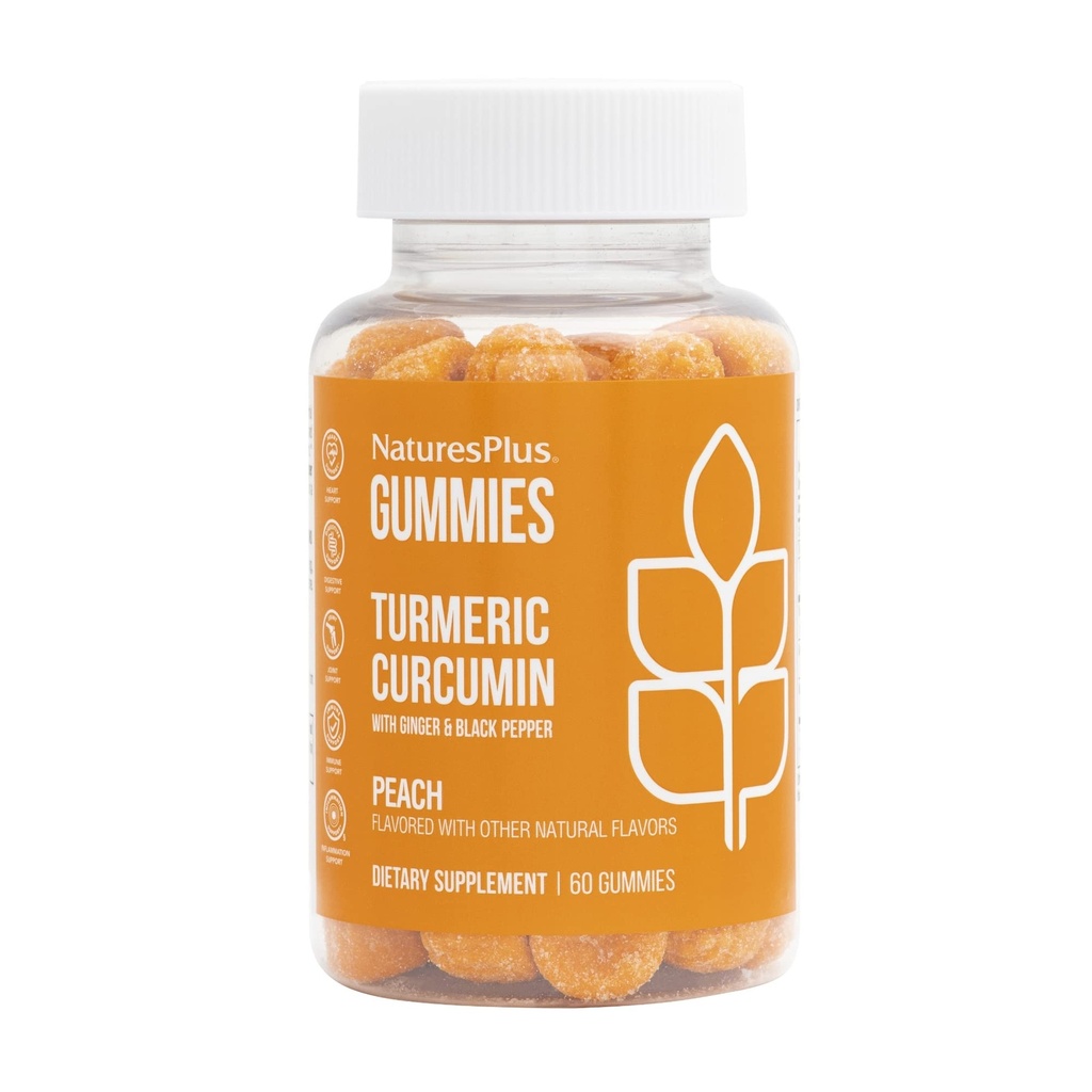 NaturesPlus Gummies Turmeric Curcumin - 60 Gummies, Ροδάκινο - Υποστηρίζει Joint, Digestive & Καρδιαγγειακή Υγεία - Vegan, Χωρίς γλουτένη, Μη ΓΤΟ - 30 Υπηρεσίες