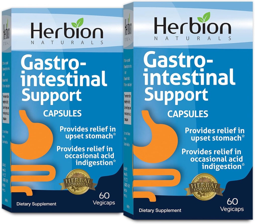 HERBION Naturals Γαστροεντερική υποστήριξη βοτανική ανάμειξη για αναταραγμένη ανακούφιση στομάχου, γαστρεντερική υγεία και λειτουργία, περιστασιακή δυσπεψία οξέος, υγιή εντερική χλωρίδα, 60 Vegicaps - Συσκευασία των 2