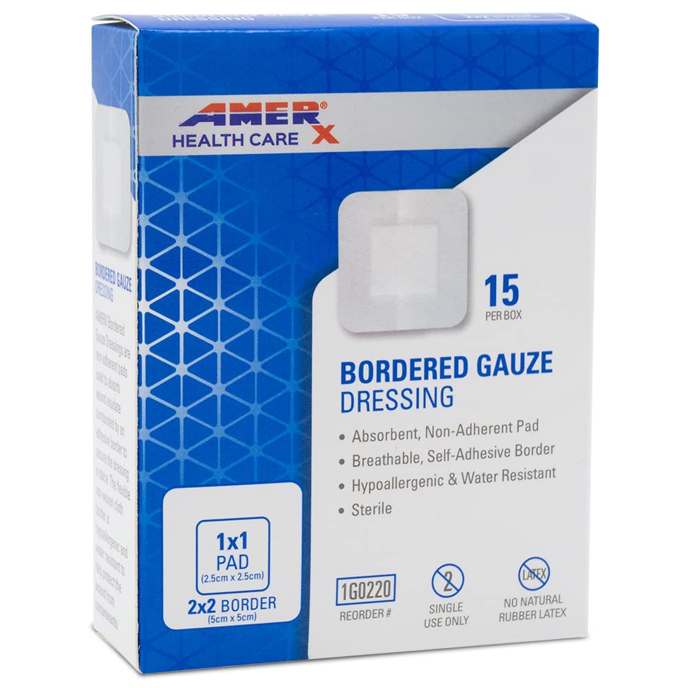 2" x 2" Dressing (1x1 Pad) AMERX Σύνορα Gauze - Συγκολλητικές επιδέσμους - Αδιάβροχο φραγμό - Αυτοσυγκολλητικό σύνορο - Αναπνοή, Hypoallergenic - 15 Pads ανά κουτί