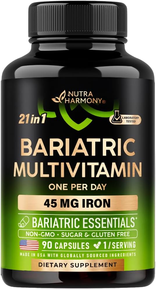 NUTRAHARMONY Bariatric Multivitamin - 45 mg Συμπληρώματα σιδήρου - Made in USA - for Women & Men - All-in-One, 21 Essential Vitamins - Gastric Sleeve Support - Ελαφριά Τροπική Γεύση - 90 Κάψουλες