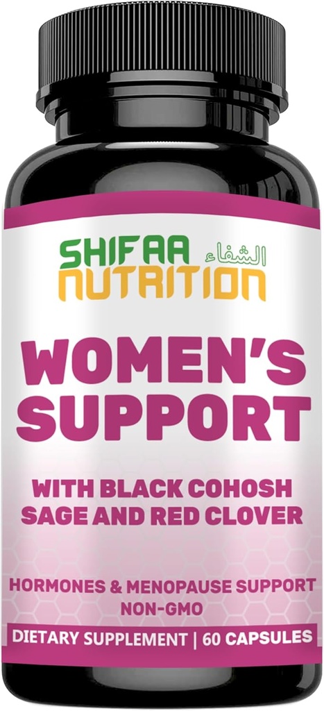 SHIFAA NUTRITION Ορμόνες Ισορροπία & Εμμηνόπαυση Συμπληρώματα για τις γυναίκες, Εμμηνόπαυση Ανακούφιση - Υποστήριξη για Hot Flashes, Mood Swings w/Black Cohosh & Red Clover Halal Vitamins, 30 Σερβιέτες