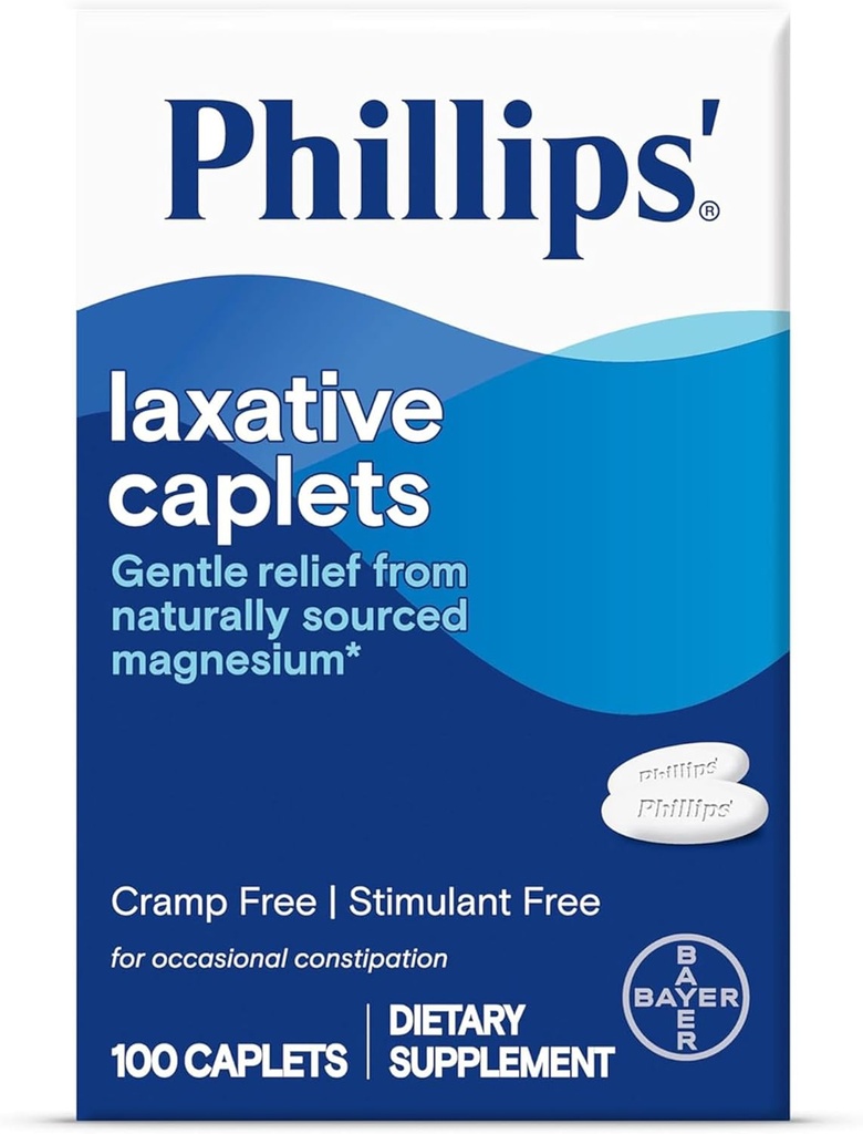 Laxative Caplets του Phillips, με φυσικά πηγασμένα συμπληρώματα μαγνησίου για απαλή ανακούφιση της περιστασιακής δυσκοιλιότητας, κραμπ και διεγερτικό ελεύθερο λάξευση, 100 Caplets