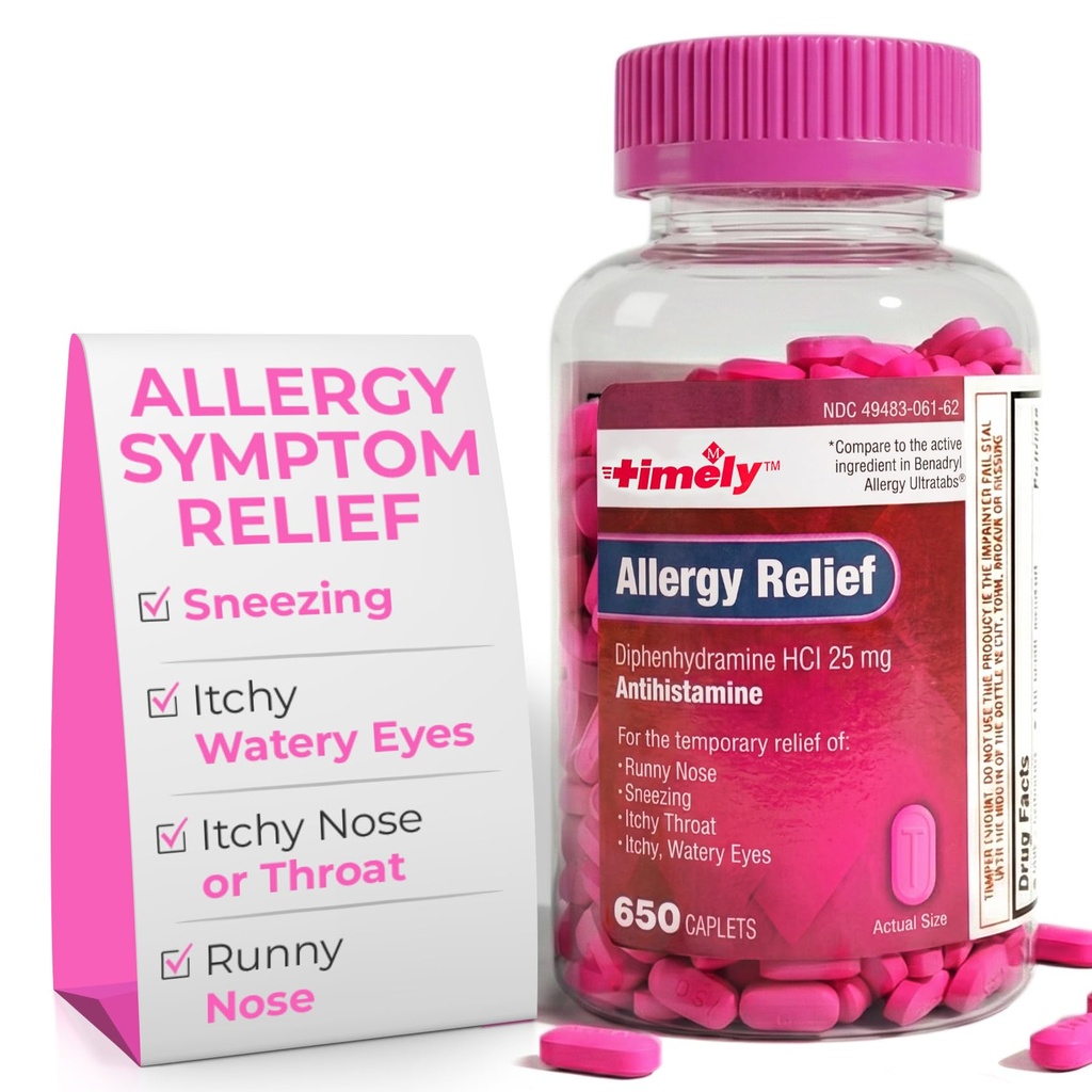 Timely Allergy Relief Diphenhydramine HCl 25 mg - 650 Caplets - Σε σύγκριση με Benadryl Allergy Ultratab - Αντιισταμινικά - Αλλεργική Φάρμακα - Runny Mose Relief for Adults - Watery Eyes Treatment