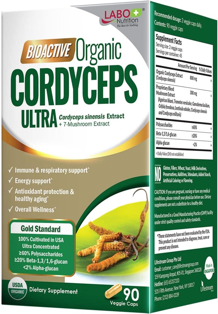 LABO Nutrition Bioactive Organic Cordyceps Ultra – 8 Mushroom Extract Supplement, Cordyceps, Reishi, Turkey Tail, Maitake, Agaricus jayi, Shiitake, για Ανοσία, Ενέργεια, Σταματίνα, Χωρίς Φίλτρα