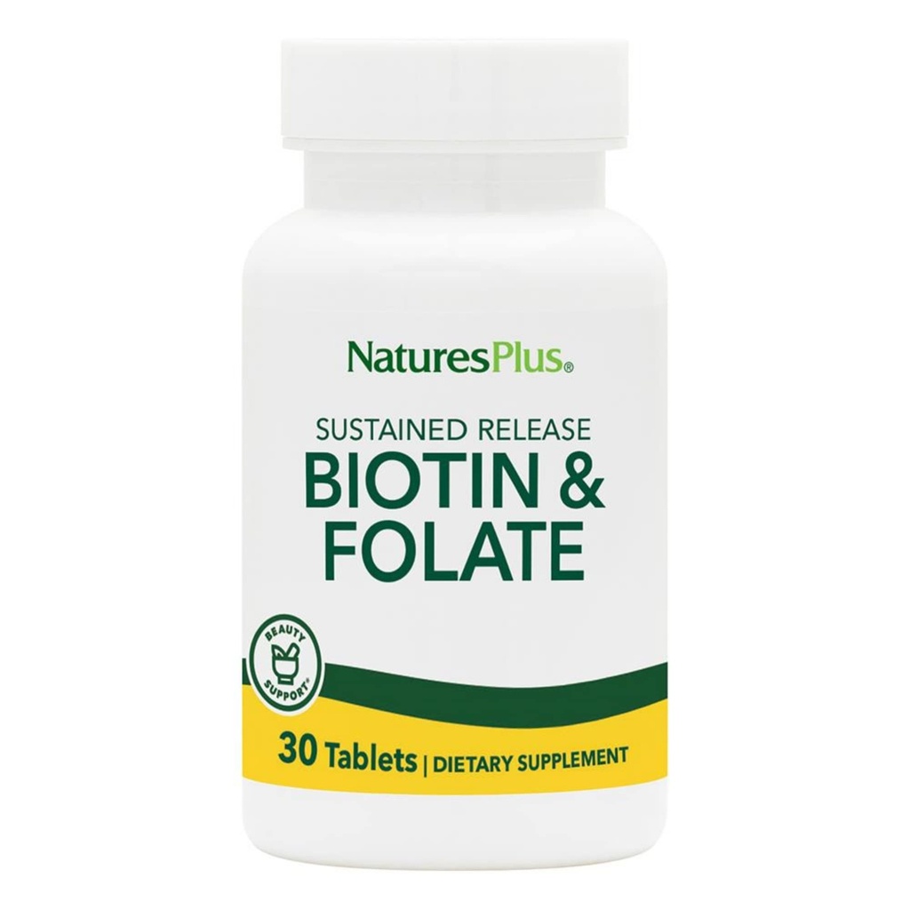 Natures Plus Biotin & Folic Acid (Methylfolate), Παρατεταμένη απελευθέρωση - 30 χορτοφαγικά δισκία - Βιταμίνη Β7 & Βιταμίνη Β9, Υποστηρίζει την ανάπτυξη των μαλλιών, την ενίσχυση της ενέργειας, προγεννητική βιταμίνη - Χωρίς γλουτένη - 30 Σερβιέτες