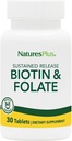 Natures Plus Biotin & Folic Acid (Methylfolate), Παρατεταμένη απελευθέρωση - 30 χορτοφαγικά δισκία - Βιταμίνη Β7 & Βιταμίνη Β9, Υποστηρίζει την ανάπτυξη των μαλλιών, την ενίσχυση της ενέργειας, προγεννητική βιταμίνη - Χωρίς γλουτένη - 30 Σερβιέτες