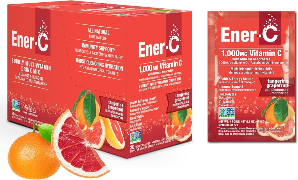 Ener-C Tangerine & Grapefruit Multivitamin Drink Mix, 1000mg Βιταμίνη C, μη ΓΤΟ, Vegan, Real Fruit Juice Powders, Natural Immunity Support, Electrolytes, Gluten Free, 1-Pack of 30