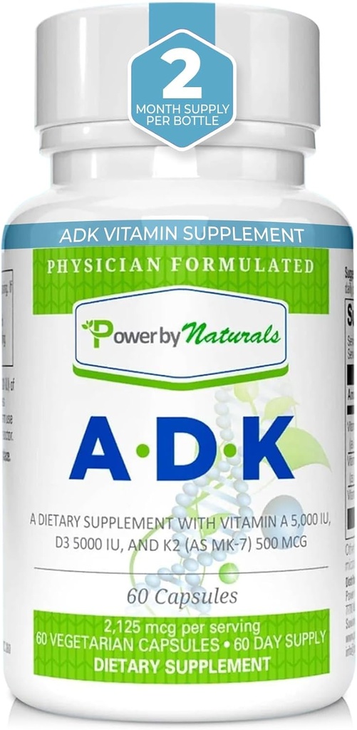 Power By Naturals ADK Vitamin Supplement - Υψηλής ισχύος ανάμειξη VIT A D3 K2 Vitamin 5000 eu - Υποστήριξη Οστών, Καρδιάς & Ανοσοποιητικής Υγείας - 60 Κάψουλες (2 Μήνες Προσφορά)