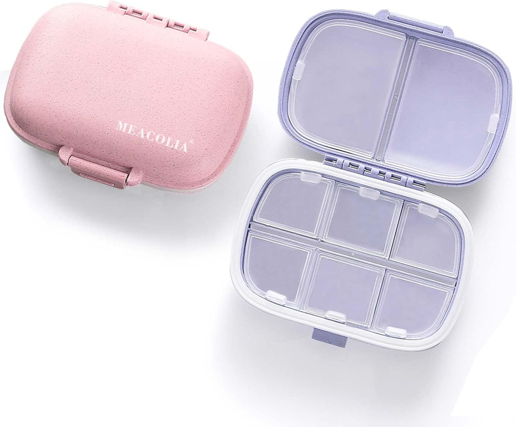 MEACOLIA 2 Pack 8 Διαμερίσματα Travel Pill Organizer Box Moisture Proof Μικρή θήκη χαπιών για Pocket Purse Daily Pill Holder Container για την ιατρική Βιταμίνη (Purple & Pink)