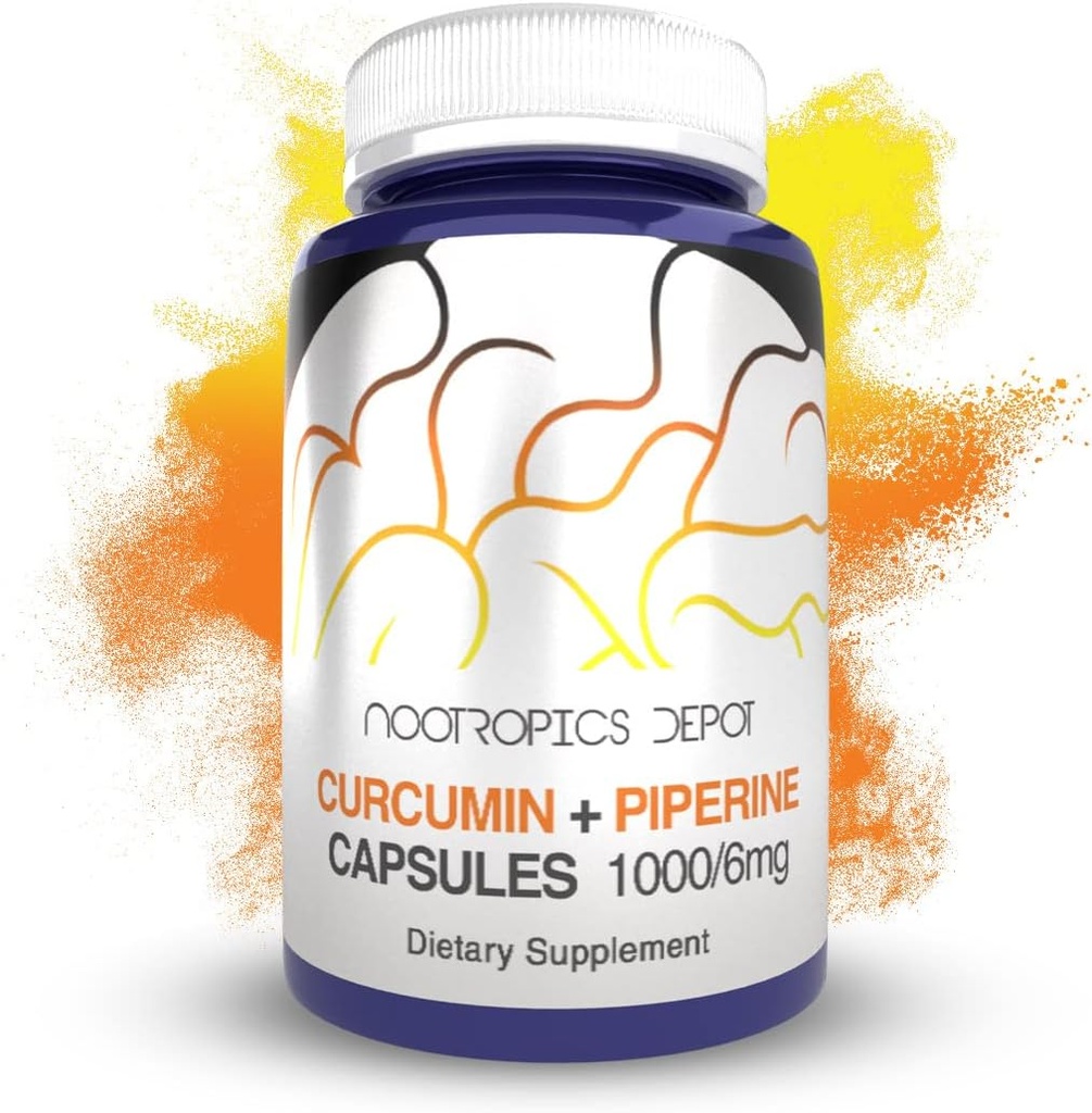 Nootropics Depot Curcumin + Piperine Capsules | 1000mg Curcumin + 6mg Piperine | 60 Count