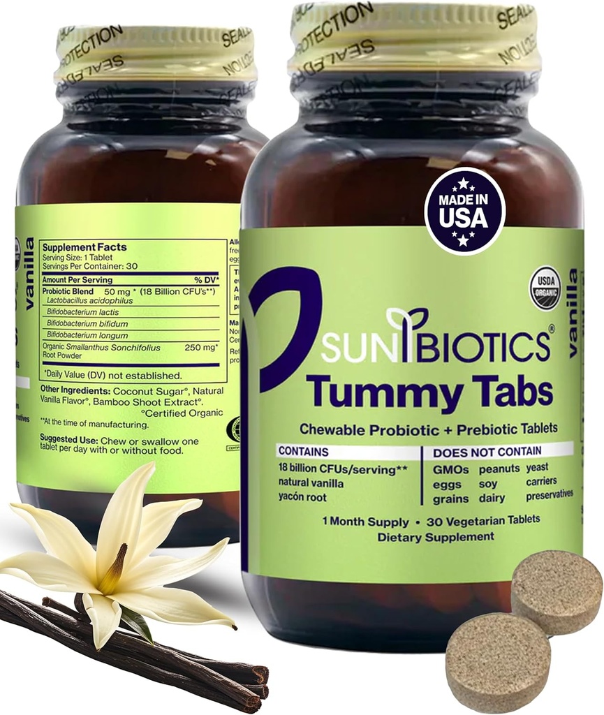 SUNBIOTICS Tummy Tabs - Μασώμενα Probiotic και Prebiotic δισκία με 18 δισεκατομμύρια CFUs 4 Probiotic Strains για Καλή Εντερική Χλωρίδα, Ανοσοποιητικό Σύστημα, & Ισορροπημένη Μικροβιομή - Βανίλια, (Pack of 1)