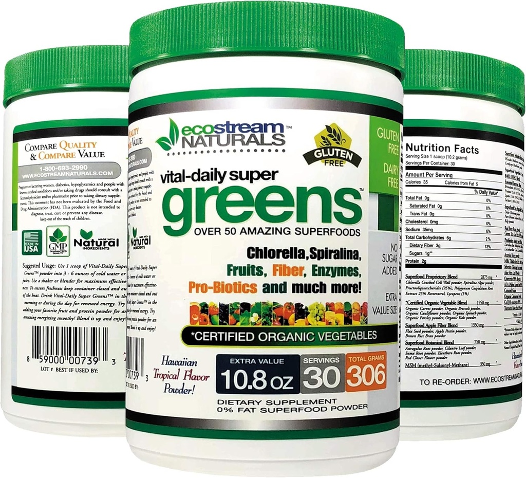 Vital First Daily Greens Superfood Powder 50 Whole Super Foods with Spirulina, Chlorella, Flax Seed, Fiber and Enzymes with Organic Greens - 30 Servings