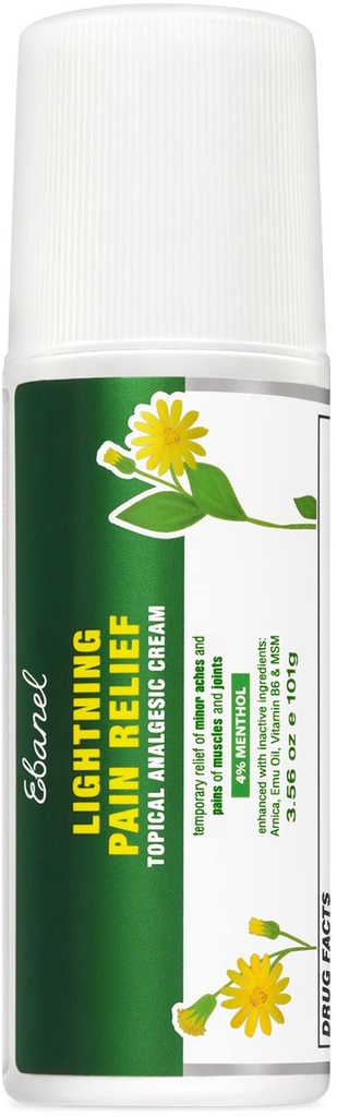 Ebanel Pain Relief Roll On for Arthritis, Foot, Back, Joint, Neck, Strains & Sprains with Menthol, Camphor, Arnica, Emu Oil, MSM, Boswellia, Targeted Muscle Pain Relief Roll On