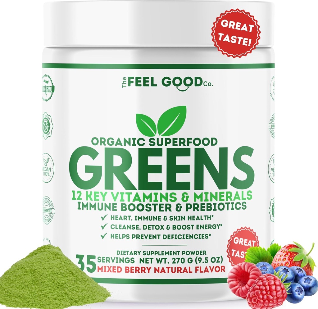 The Feel Good Super Greens Powder - Βιολογικός Πράσινος Χυμός, Σιτάρι Grass Όχι Προστέθηκε Ζάχαρη, Spirulina, Chlorella, Probiotics, Digestive Enzyme, Antioxidant Rich, Immunity Boost Green Superfood, 35 SVG, Καθημερινή