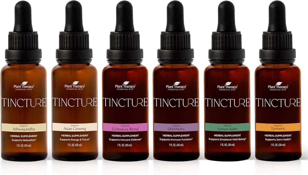 Organic Tinctures Beginner σετ 30 mL Κάθε ένα από τα οργανικά Ashwagandha, Asian Ginseng, Echinacea Blend, Elderberry, Lemon Balm & Turmeric