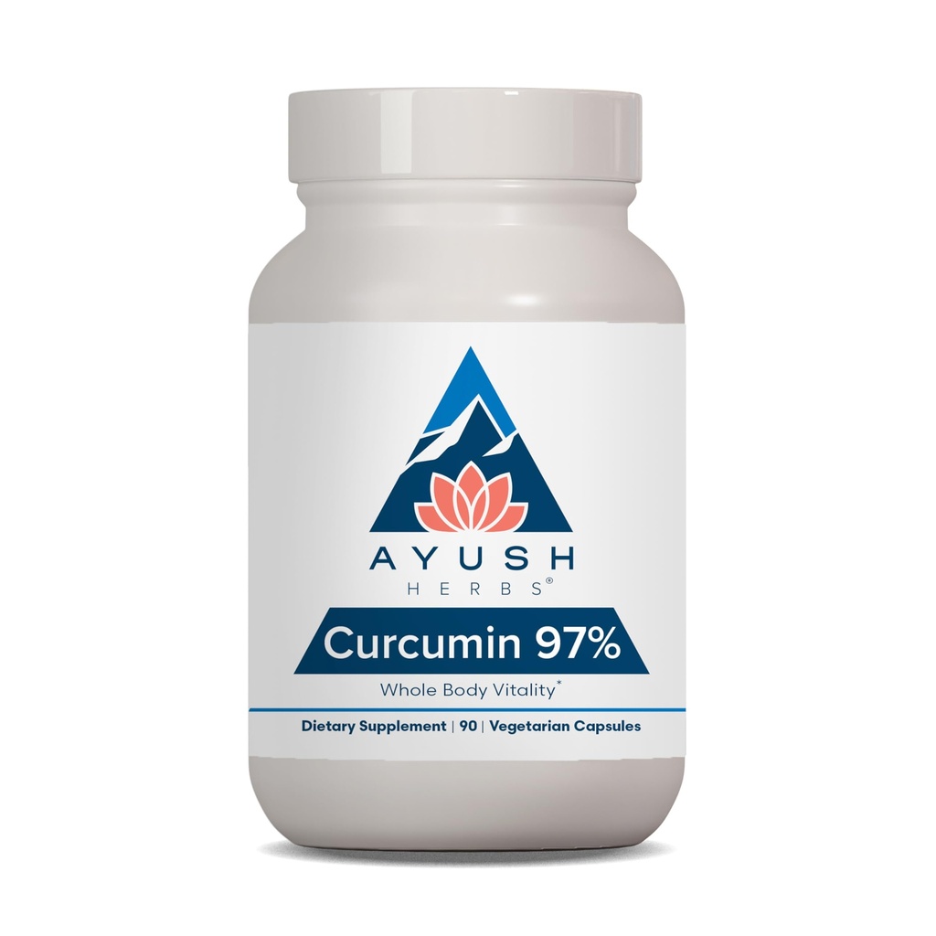 Ayush Herbs Curcumin 97% - Συμπληρώματα κουρκουμίνης, Premium Turmeric Root Supplement, Κουρκουμινοειδή για γυναίκες & άνδρες, ενήλικες, Premium Κοινή Υποστήριξη, Δύναμη & Ζωτικότητα - 90 Καψάκια Χορτοφαγικής (1 Κόμβος)