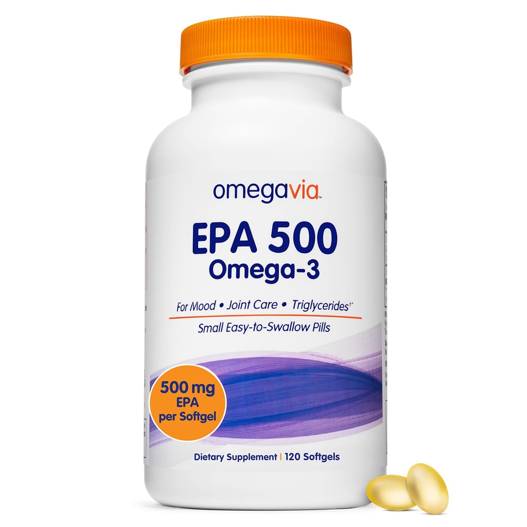 OmegaVia EPA 500, Καθαρό Ωμέγα-3 Fish Oil Συμπλήρωμα, 500 mg EPA σε μορφή τριγλυκεριδίων, Άψογο ιχθυέλαιο, Μη ΓΤΟ, Χωρίς γλουτένη, IFOS 5-Star, 120 Softgels