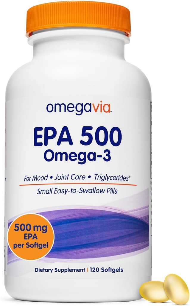 OmegaVia EPA 500, Purified Omega-3 Fish Oil Supplement, 500 mg EPA in Triglyceride Form, Burpless Fish Oil, Non-GMO, Gluten-Free, IFOS 5-Star, 120 Softgels