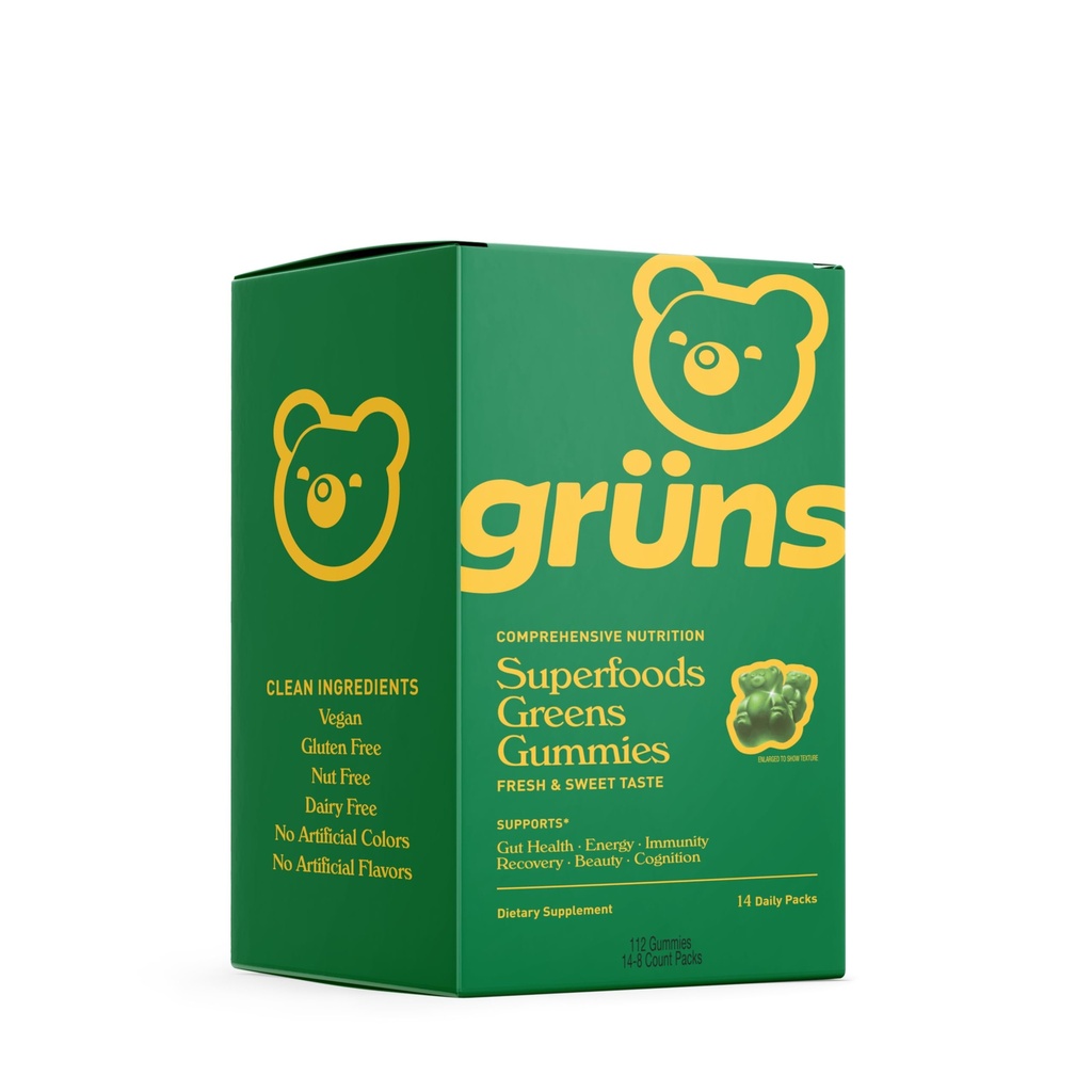 Gruns Super Greens Gummy Bears - Βιολογική Spirulina και Chlorella, Πρεβιοτικά για Digestive Health, 20+ Βιταμίνες και Ορυκτά - 14 φακελάκια - 112 Gummies