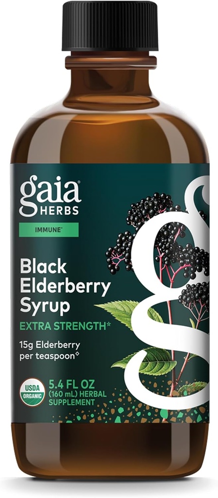 Gaia Herbs Black Elderberry Syrup - Immune Support Sup - Made with Organic Black Elderberries (Sambucus nigra) for Immune System* - USDA Certified Organic Formula - 5.4 Fl Oz (32-Day Supply)
