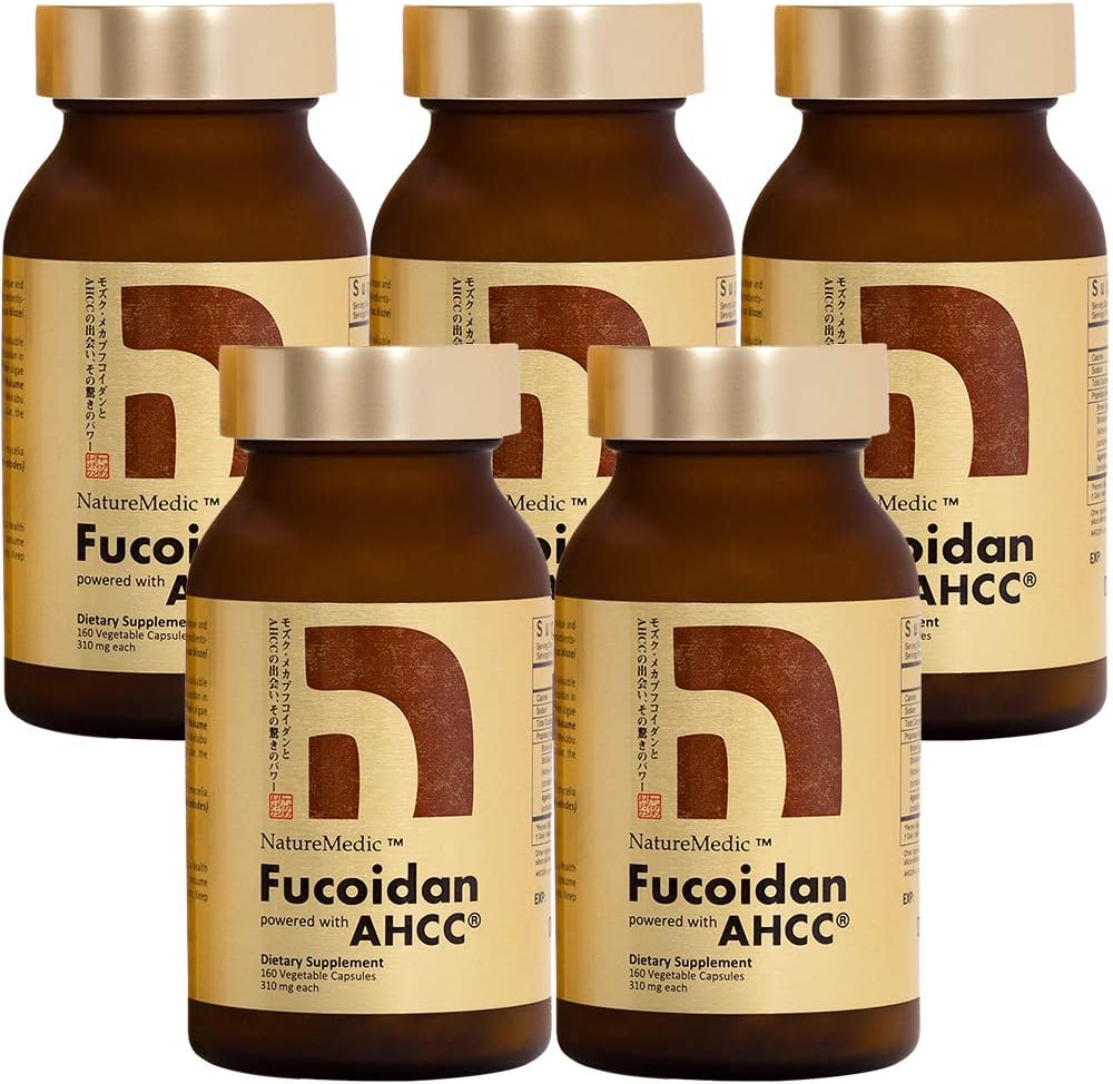 Fucoidan Powered with AHCC® Brown Seaweed Immunity Supplement with High Purity Organic Mekabu Mozuku Agaricus 5 Μπουκάλια - 800 κάψουλες λαχανικών Made in Japan