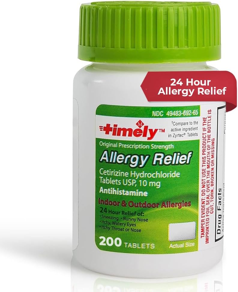 Εργαστήρια Time-Cap, INC. Timely Cetirizine HCl 10 Mg 200 δισκία - 24 ώρες Αλλεργία Ανακούφιση από το φτάρνισμα, Runny μύτη, Ichy Watery Eyes, Ichy Throat, μύτη - Εσωτερική και εξωτερική αλλεργία Medicance