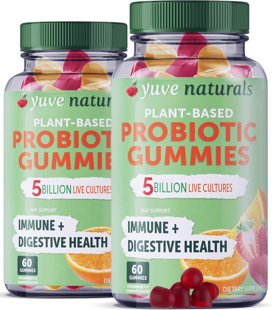 Yuve Vegan Probiotic Gummies, Προβιοτικά για γυναίκες & άνδρες, Ζάχαρη & Gluten-free Gummy Probiotics, Digestive & Immune Support, 5 Billion CFU, Βοηθά με δυσκοιλιότητα, Bloating & Leaky Gut - 60ct (2 Pack)