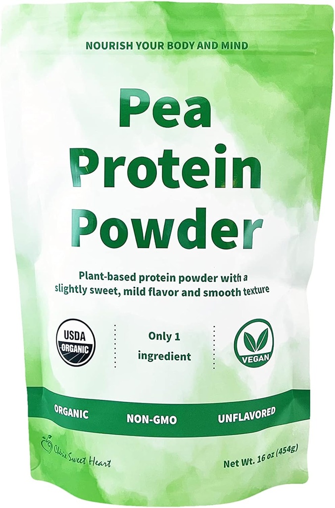 Cherie Sweet Heart Organic Pea Protein Powder 1 lb, 100% Non-GMO, Dairy-Free, Keto-Friendly, Gluten-Free, Soy-Free, Plant-Based Protein