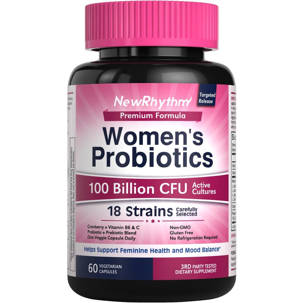 NewRhythm Probiotics for Women, P-5-P, Vitamin C & Organic Cranberry, 100 Billion CFU 18 Strains, Prebiotics & Vaginal Probiotics for Digestive Health & PH Balance, 60 Κάψουλες, Όχι Γαλακτοκομικά