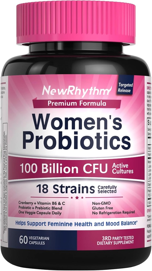 NewRhythm Probiotics for Women, P-5-P, Vitamin C & Organic Cranberry, 100 Billion CFU 18 Strains, Prebiotics & Vaginal Probiotics for Digestive Health & PH Balance, 60 Κάψουλες, Όχι Γαλακτοκομικά