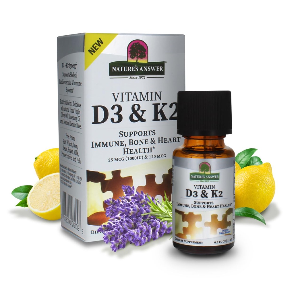 Nature's Answer Vitamin D3 and K2, 0.5 oz - Liquid Extract Oral Drops - Supports Immune, Bone and Heart Health - in a Delicious Olive Oil, Rosemary Oil, and Natural Lemon Base