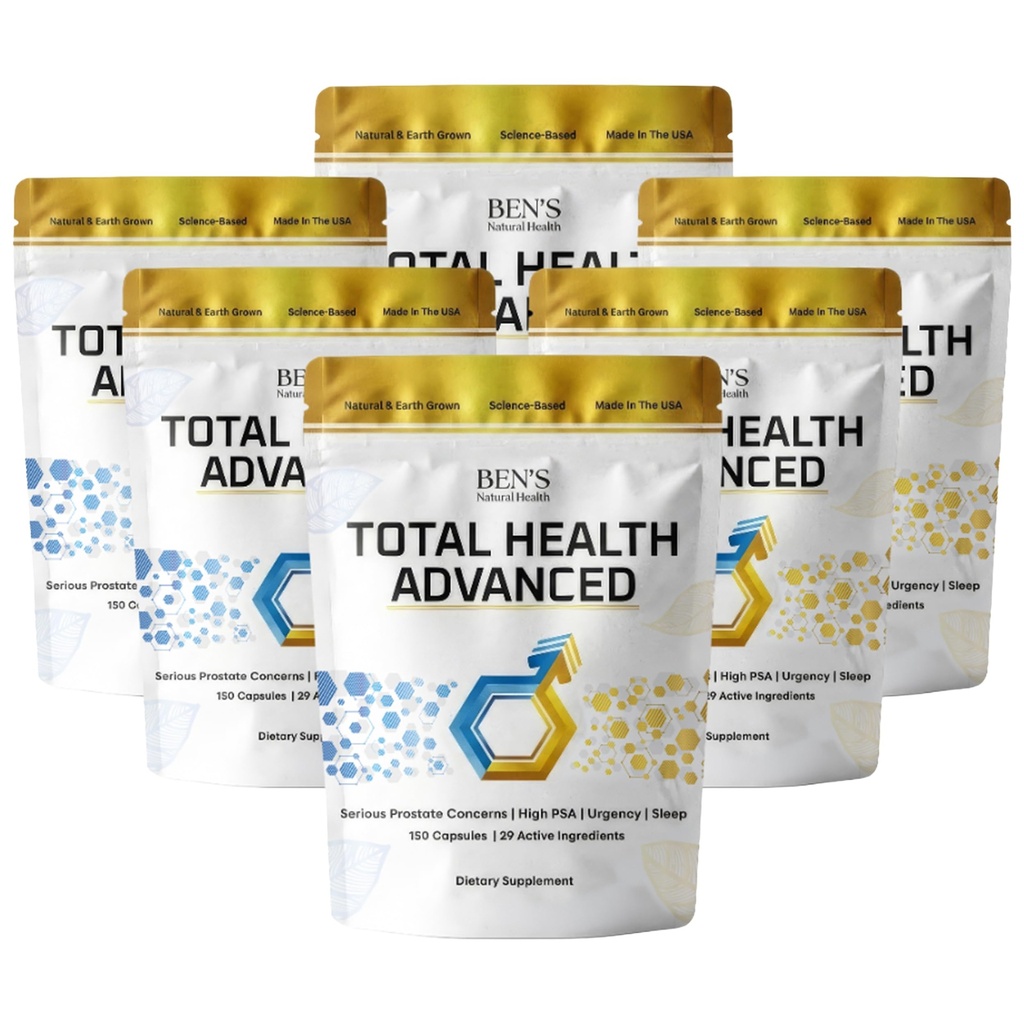 Ben's Natural Health Total Health Advanced, Prostate Support Supplement with 29 Ingredients Beta‐Σιτοστερόλη, Βιταμίνες C, D, E, Ψευδάργυρος, Pygeum, Turmeric, Ιερός Βασίλειος, 900 κάψουλες, 6 Pack