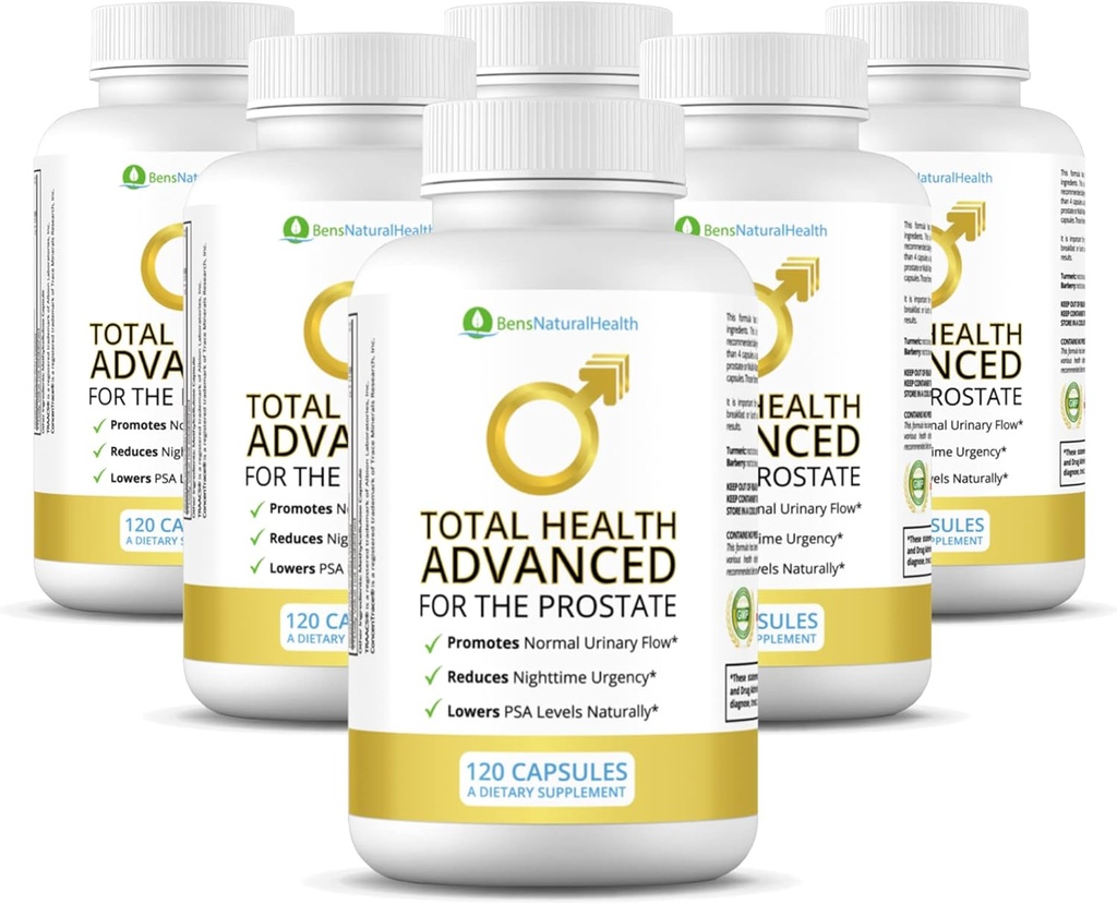 Ben's Natural Health Total Health Advanced, Prostate Support Supplement with 29 Ingredients Beta‐Σιτοστερόλη, Βιταμίνες C, D, E, Ψευδάργυρος, Pygeum, Turmeric, Ιερός Βασίλειος, 900 κάψουλες, 6 Pack