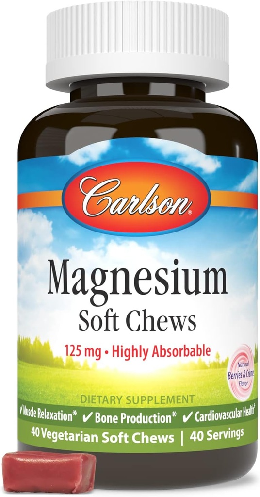 Carlson Magnesium Soft Chews 125 mg Πολύ απορροφήσιμα Μυϊκά Χαλάρωση & Συνολική Υγεία - Μούρα & Κρέμα Γεύση - 40 Χορτοφαγικά Μαλακά Μασούρια