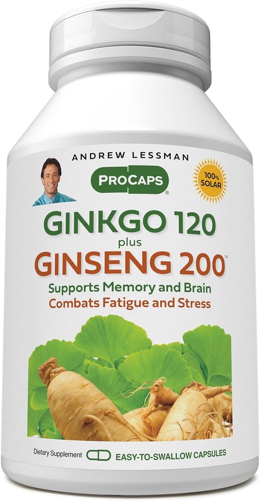 ANDREW LESSMAN Ginkgo 120 Plus Ginseng 200mg - 30 κάψουλες - Standardized Extract Blend to Support Brain, Memory and Cognitive Function. Adaptogen, καταπολεμά το άγχος και τη κόπωση. Χωρίς πρόσθετα