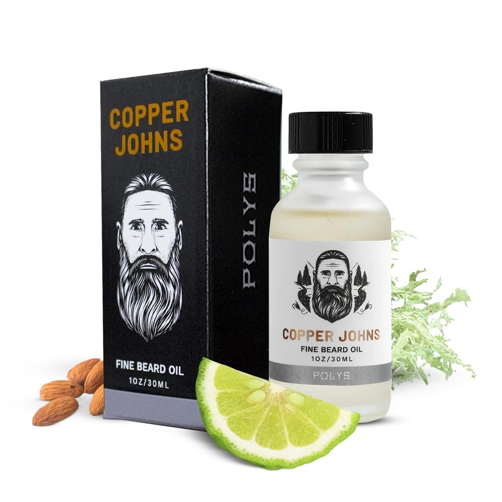 Χαλκός Johns Premium Beard Oil για τους άνδρες - Φυσική Φόρμουλα με Jojoba & Castor Oil - Ελαφριά Μη-Γκρίζα Γενετική Ενυδατική - Softens, Hydrates & Tames Frizz - Polys-Bergamot & Cherry Almond 1 oz