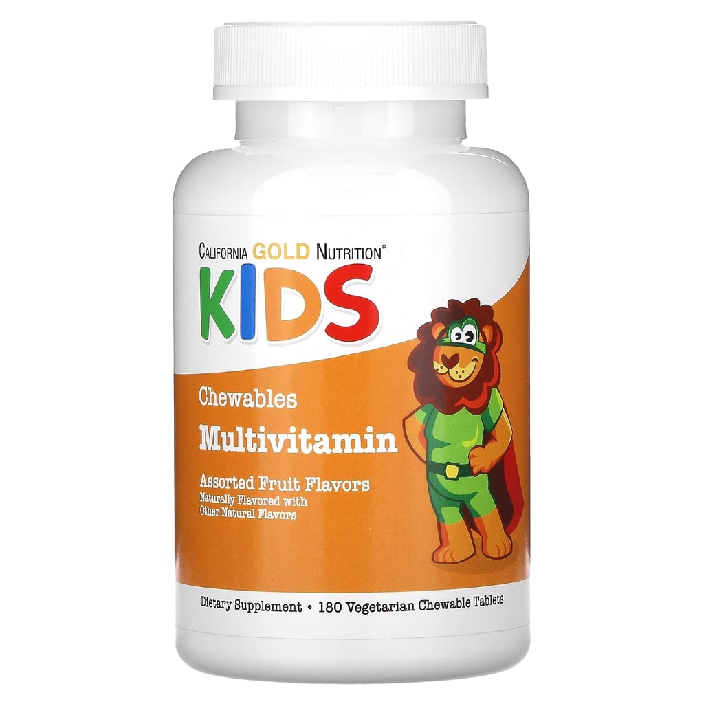 California Gold Nutrition Chewable Multi-Vitamin με βιταμίνη Α, βιταμίνη C, βιταμίνη Ε και Apple Fruit Powder για παιδιά, διάφορα φρούτα, 180 χορτοφαγικά δισκία