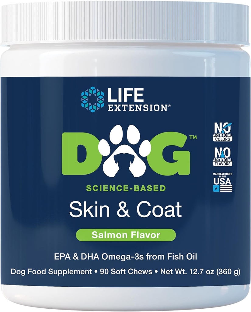 Life Extension Dog Skin & Coat - Συμπλήρωμα διατροφής για το υγιές δέρμα και το παλτό – Omega-3 Fish Oil για σκύλους, γεύσεις σολομού, χωρίς τεχνητά χρώματα ή γεύσεις - 90 μαλακά μάσημα