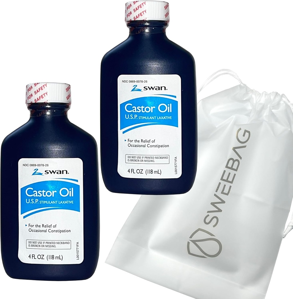 SWAN Castor Oil USP 100% διεγερτικό Laxative για την ανακούφιση της περιστασιακής δυσκοιλιότητας 4 Fl Oz (πακέτο των 2) Συν τσάντα ισχυρή και αδιάβροχη