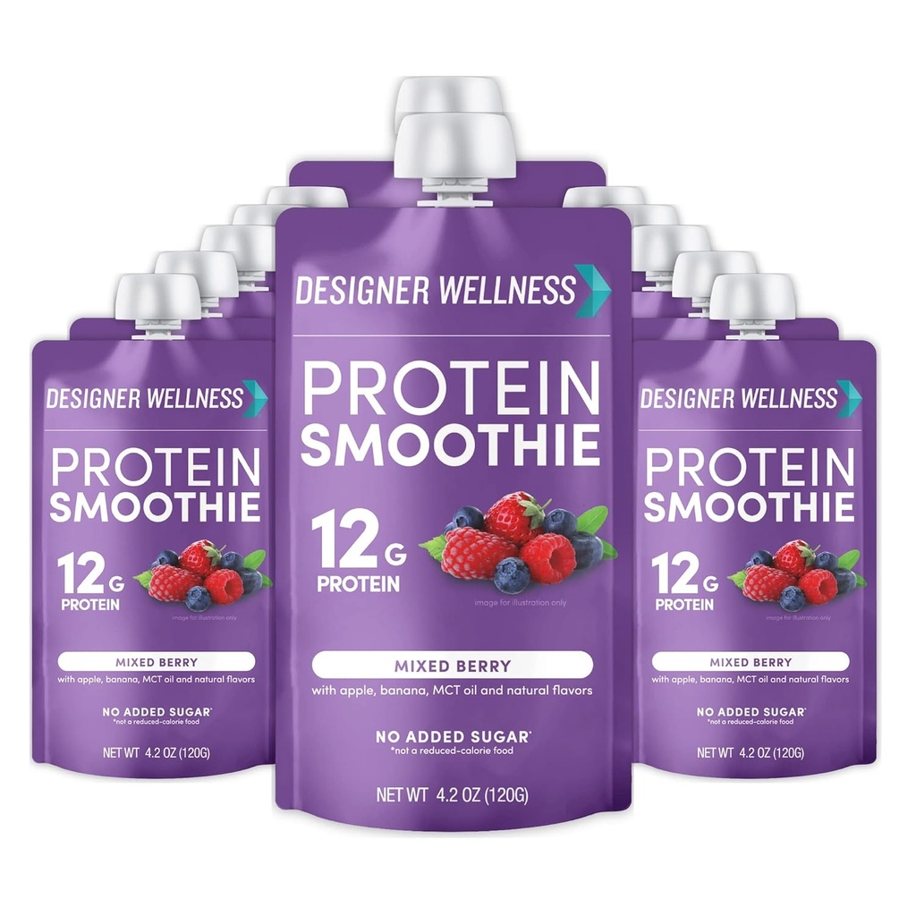 Σχεδιαστής Wellness Protein Smoothie, Αληθινά Φρούτα, Πρωτεΐνη 12g, Χαμηλή Καρβίδα, Μηδενική Προστιθέμενη Ζάχαρη, Χωρίς Γλουτένη, Χωρίς ΓΤΟ, Χωρίς Τεχνητά Χρώματα ή Γεύσεις, Μικτό μούρο, 12 Μέτρα