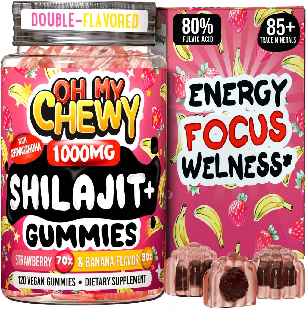 Pure Himalayan Shilajit Gummies - Υψηλής ισχύος Gold Grade Resin - Ενέργεια Boost και ανοσοποιητική υποστήριξη για άνδρες και γυναίκες με Ashwagandha και Shatavari - 120 Gummy - Φράουλα & Μπανάνα